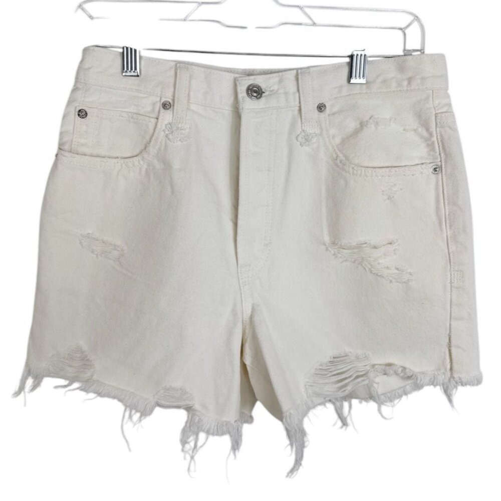 We The Free Women's 27 Button Fly Chewed Frayed‎ Hem Denim Shorts Off White EUC